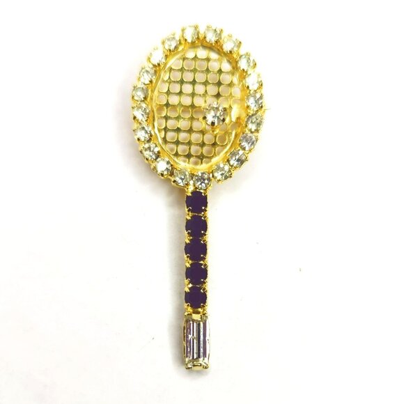 Vintage Gold-Tone Tennis Racket Brooch Pin With Rhinestones - Picture 1 of 4